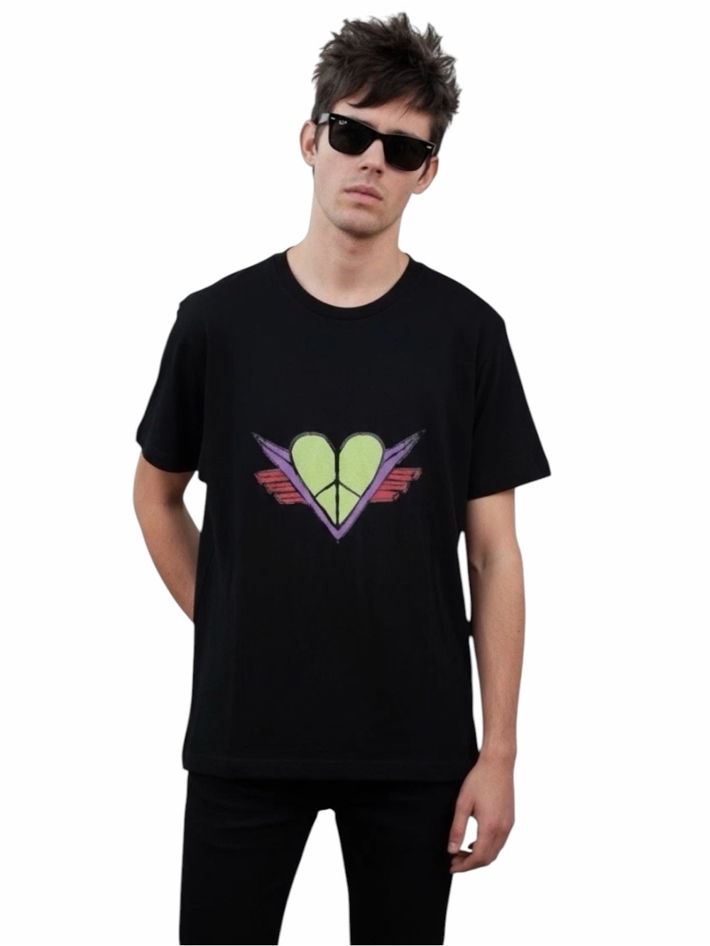 J GERARD CLOTHING For Peace Graphic T-Shirt Black Neon Heart Winged Size Men's M
